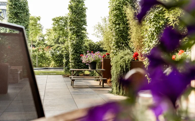 Dorpstuin met terras en bomen