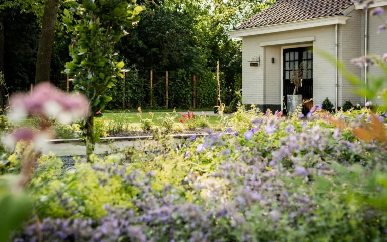 Landelijke tuin met bloemen en plantenperken