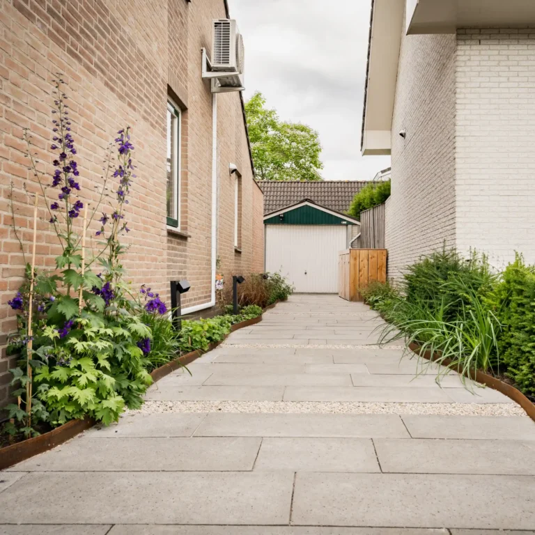 Natuurlijke stadstuin oprit met cortenstaal beplanting