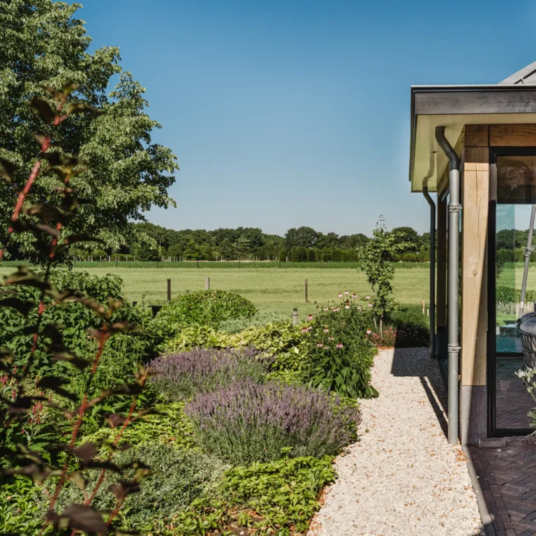 Landelijke tuin met uitzicht op bos